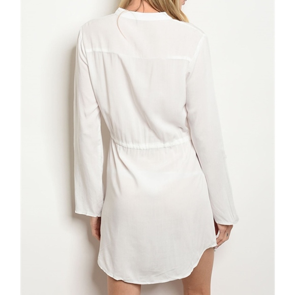 White 3/4 tab Sleeve Drawstring Waist Tunic Dress - Picture 2 of 3